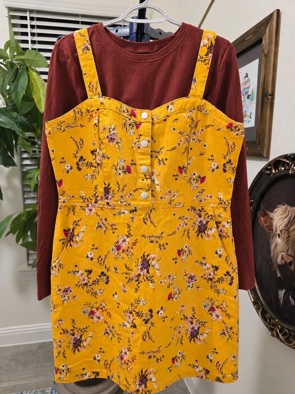 No Boundaries Yellow Floral Button-Front Pinafore Mini Dress